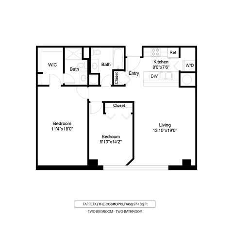 Floor plan for 2 beds, 2 baths, 974 sqft